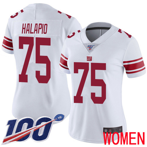 Women New York Giants #75 Jon Halapio White Vapor Untouchable Limited Player 100th Season Football NFL Jersey